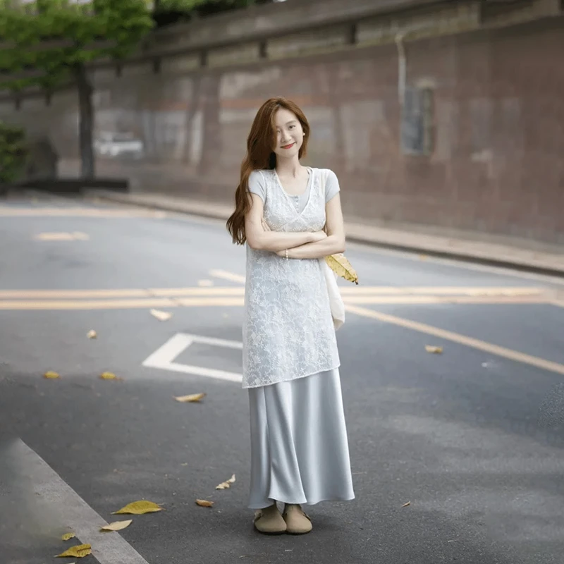 B401+B402+B403夏季高级感气质蕾丝罩衫叠穿半身裙洋气减龄三件套