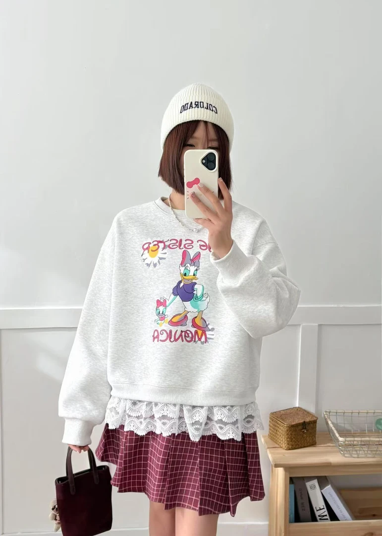 0272【春季新款】前印母女黛西花边底边假两件韩版圆领卫衣