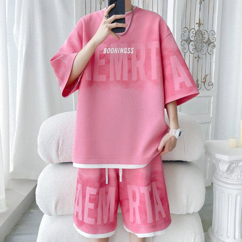 夏季新款套装情侣休闲潮牌套装宽松大码男生菠萝格上衣短裤潮流