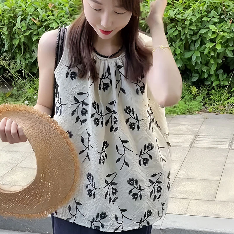 优雅气质时尚印花无袖衬衫女2025新款夏季宽松洋气透气别致上衣女