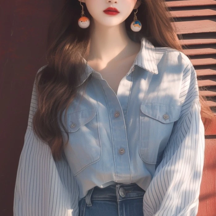 小众时髦洋气设计感上衣韩系减龄宽松显瘦超好看蓝色牛仔拼接衬衫