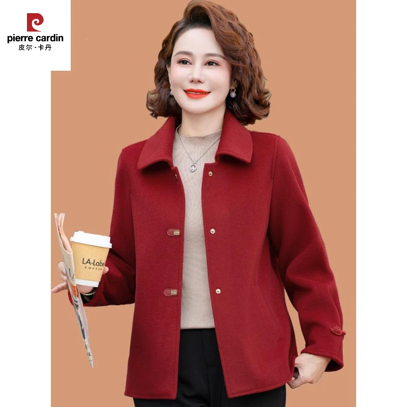 皮尔卡丹50岁妈妈秋装毛呢外套气质双面呢短款大衣中老年女秋冬装