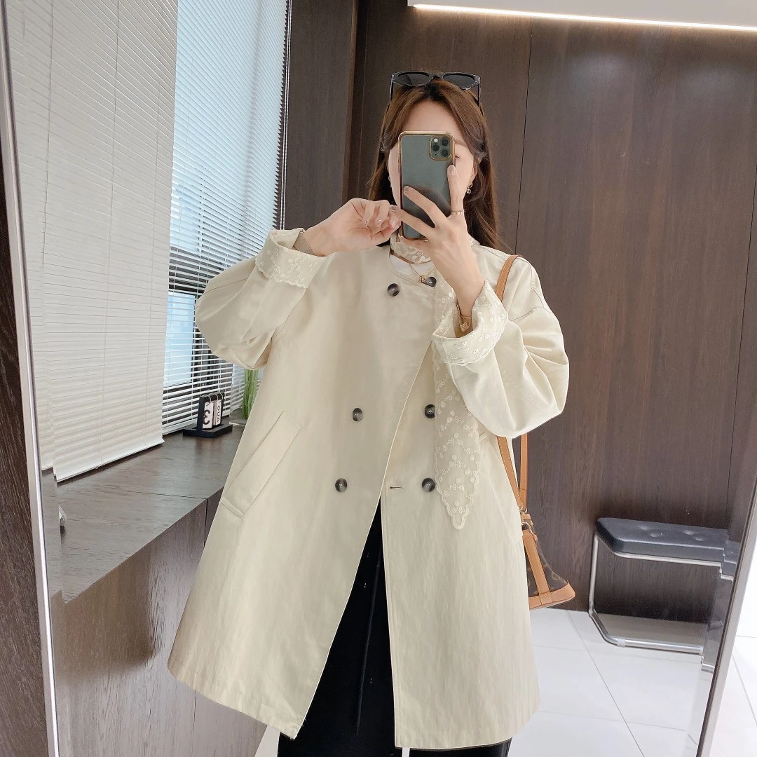 IMFLY金小金自制女装 风衣DYW8676春季蕾丝袖丝巾中长款大衣外套