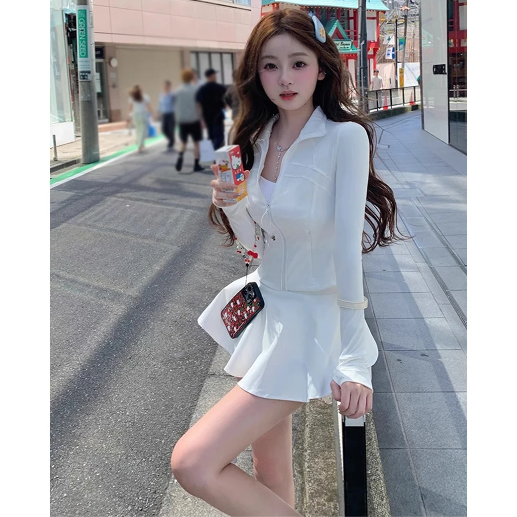 夏羽毛球网球运动休闲套装瑜伽服纯欲风修身防晒衣女半身裙两件套