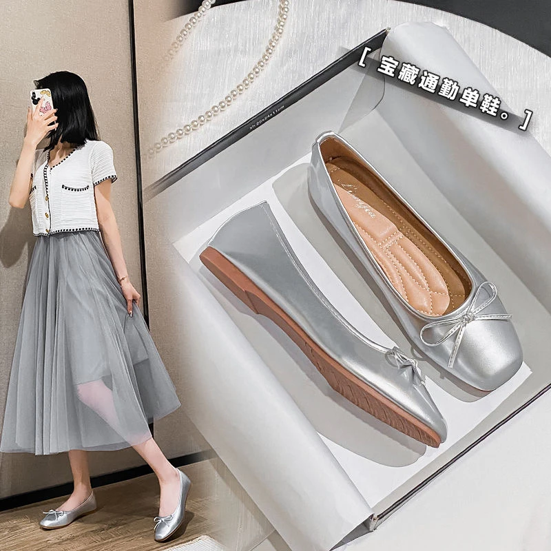 2023春秋季新款韩版蝴蝶结浅口银色单鞋女平底百搭软底大码女鞋