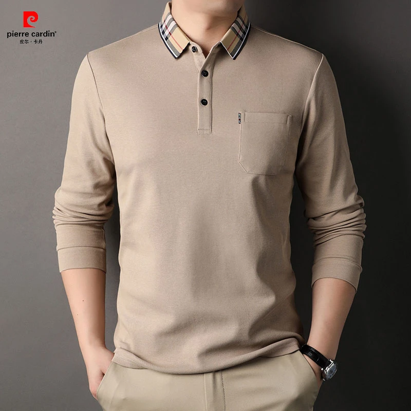 皮尔卡丹纯棉长袖POLO衫男士男款中年春秋单穿T恤纯色翻领真口袋
