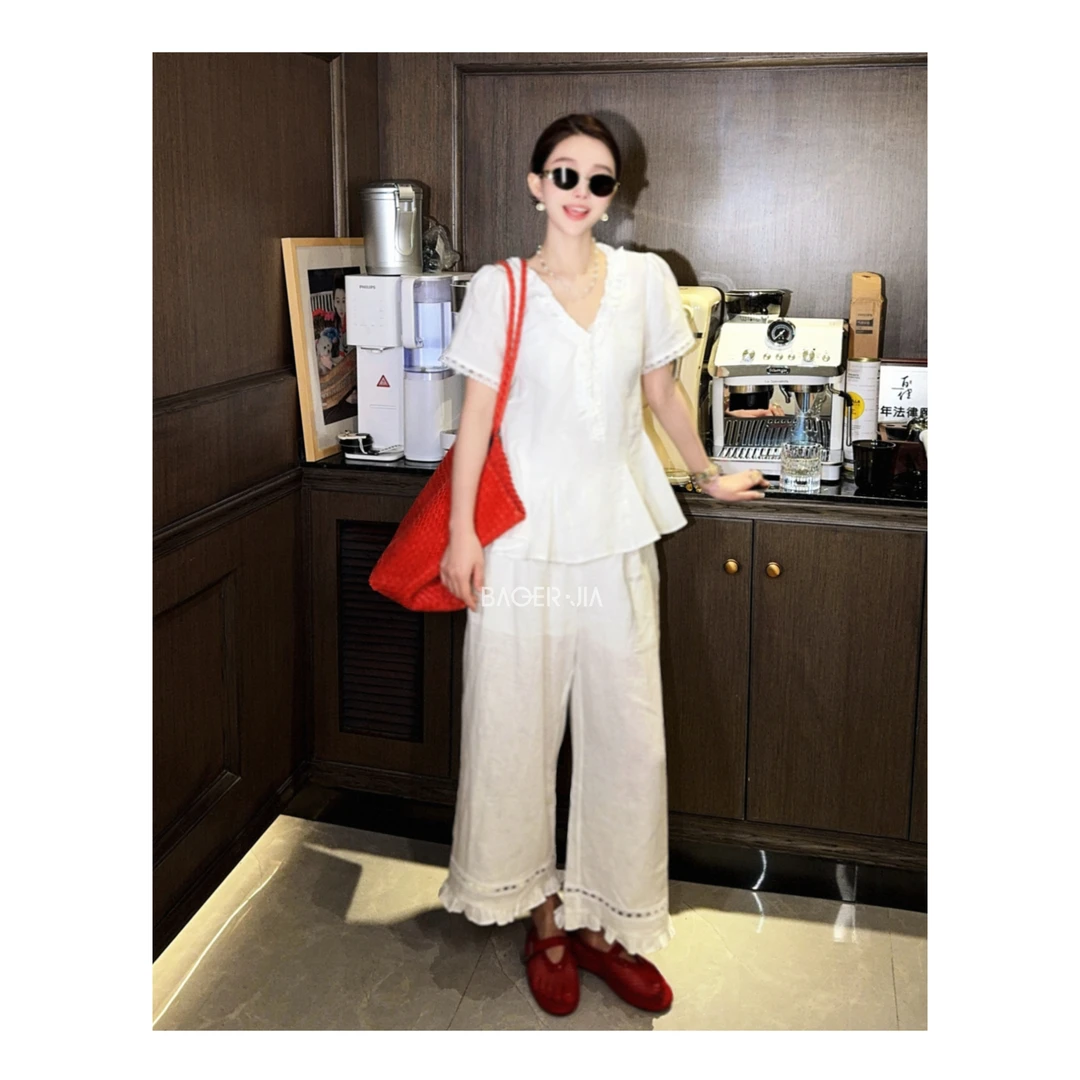 10-宝儿家含幂BF72125205XQ夏季新款穿搭镂空V领拼接蕾丝上衣裤子