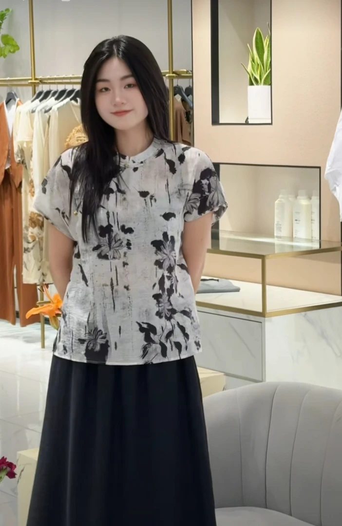 LINGZI/领姿新中式复古印花水墨风立领斜襟盘扣衬衣LZ340991