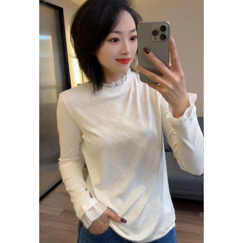 2025秋花边打底衫木耳边立领拼接气质显瘦长袖T恤女百搭上衣25202