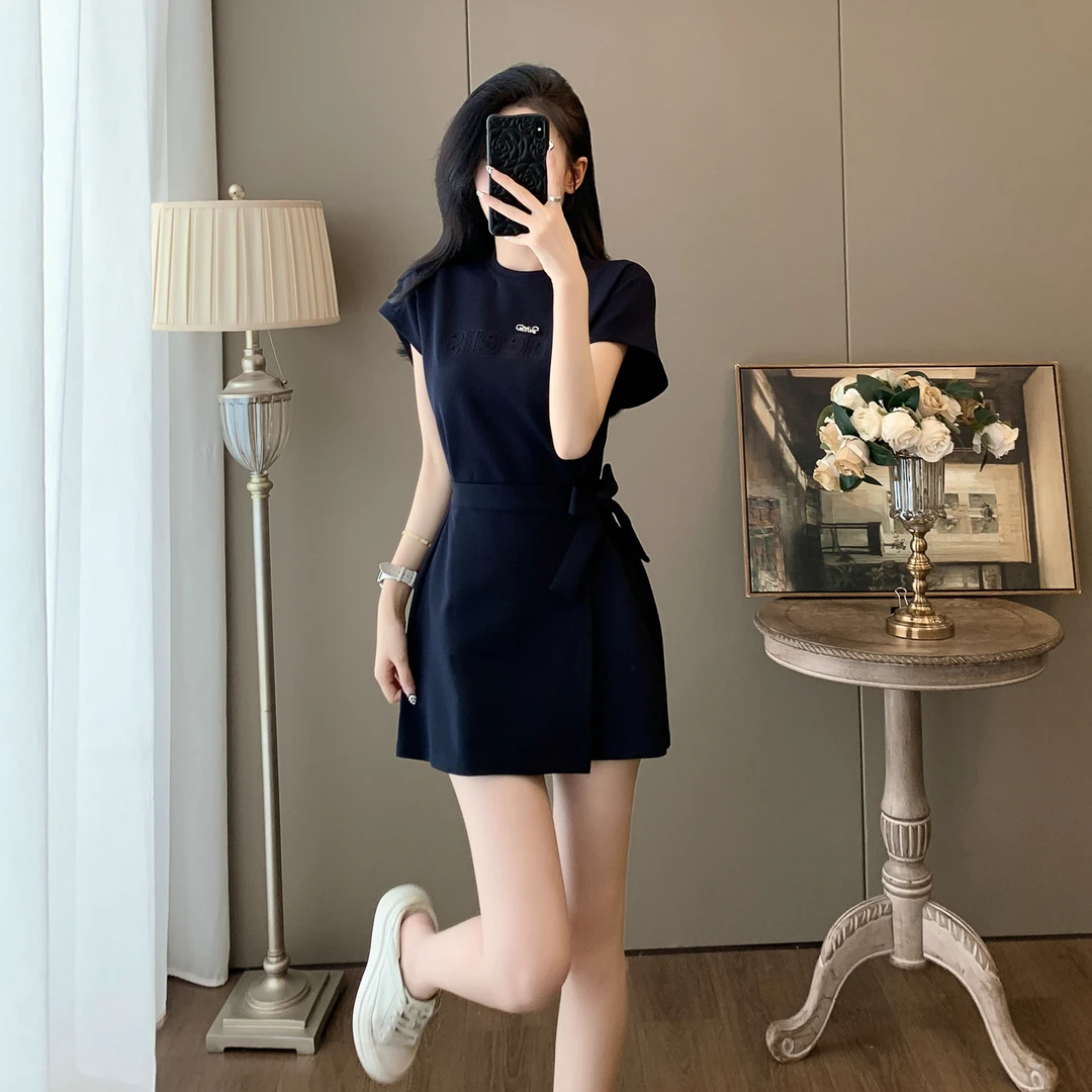 短袖休闲连衣裙女夏季收腰显瘦气质时尚绑带小个子外出洋气裙子