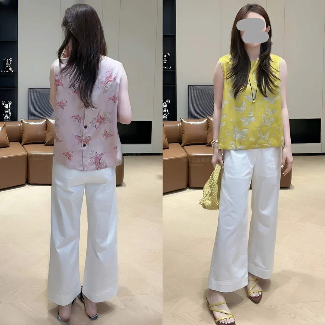 2025夏季复古新中式提花无袖上衣宽松显瘦百搭九分休闲裤气质套装