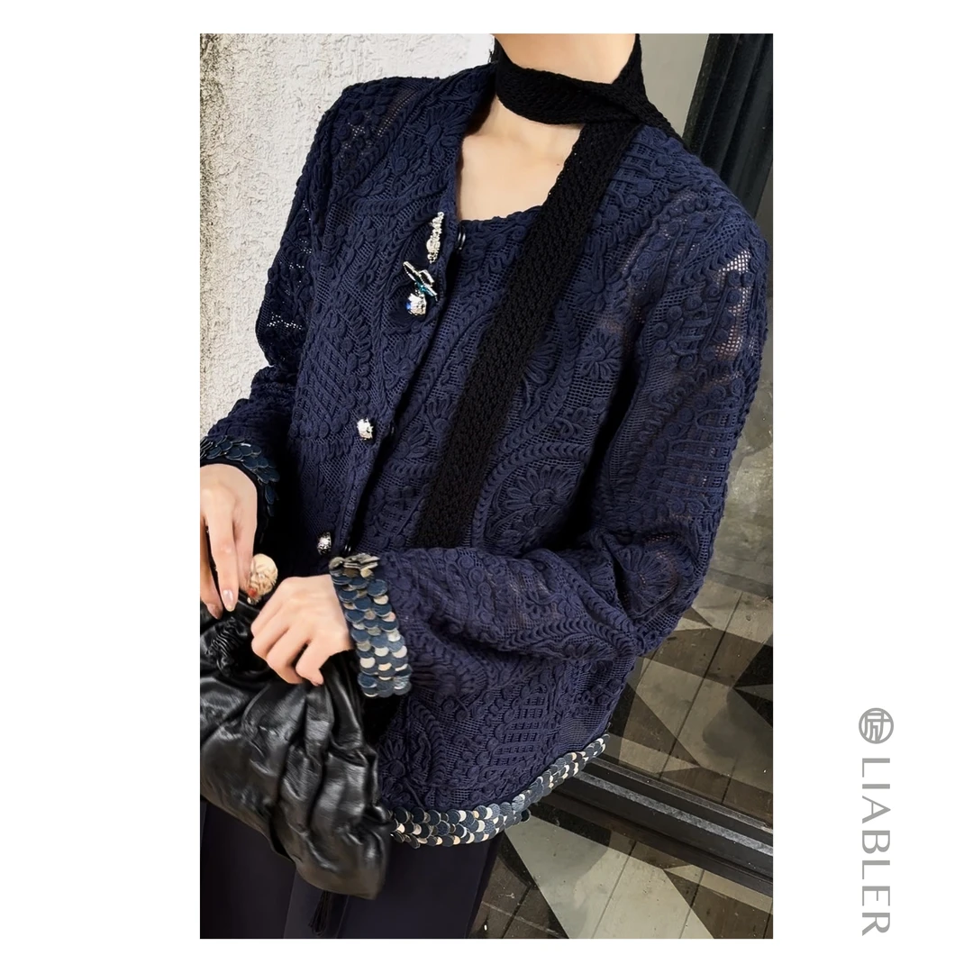 LIABLER D25早秋镂空立体编织圆领长袖外套 LSS251029S