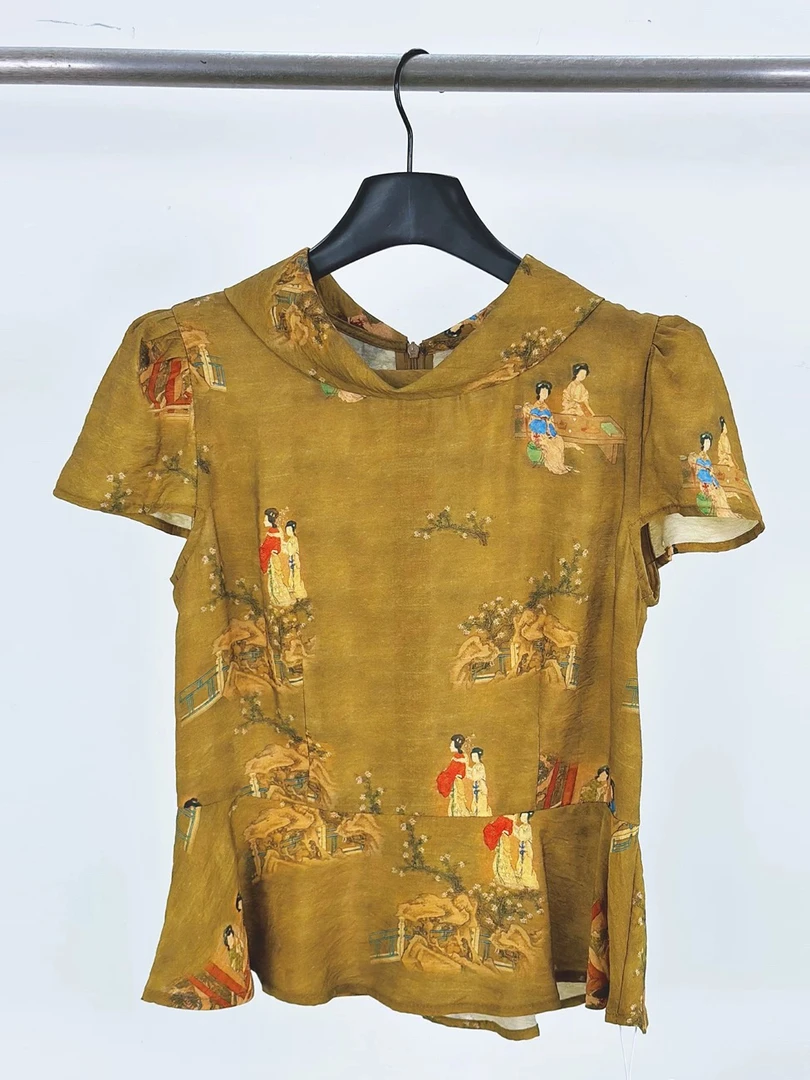 66189新中式复古套装女夏季国风印花高腰阔腿裙裤两件套潮