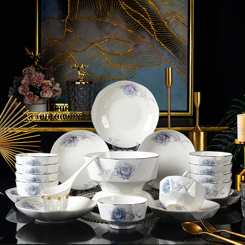 W【电光金蓝色妖姬20头】高端碗碟套装新骨瓷套装家用碗盘乔迁餐具