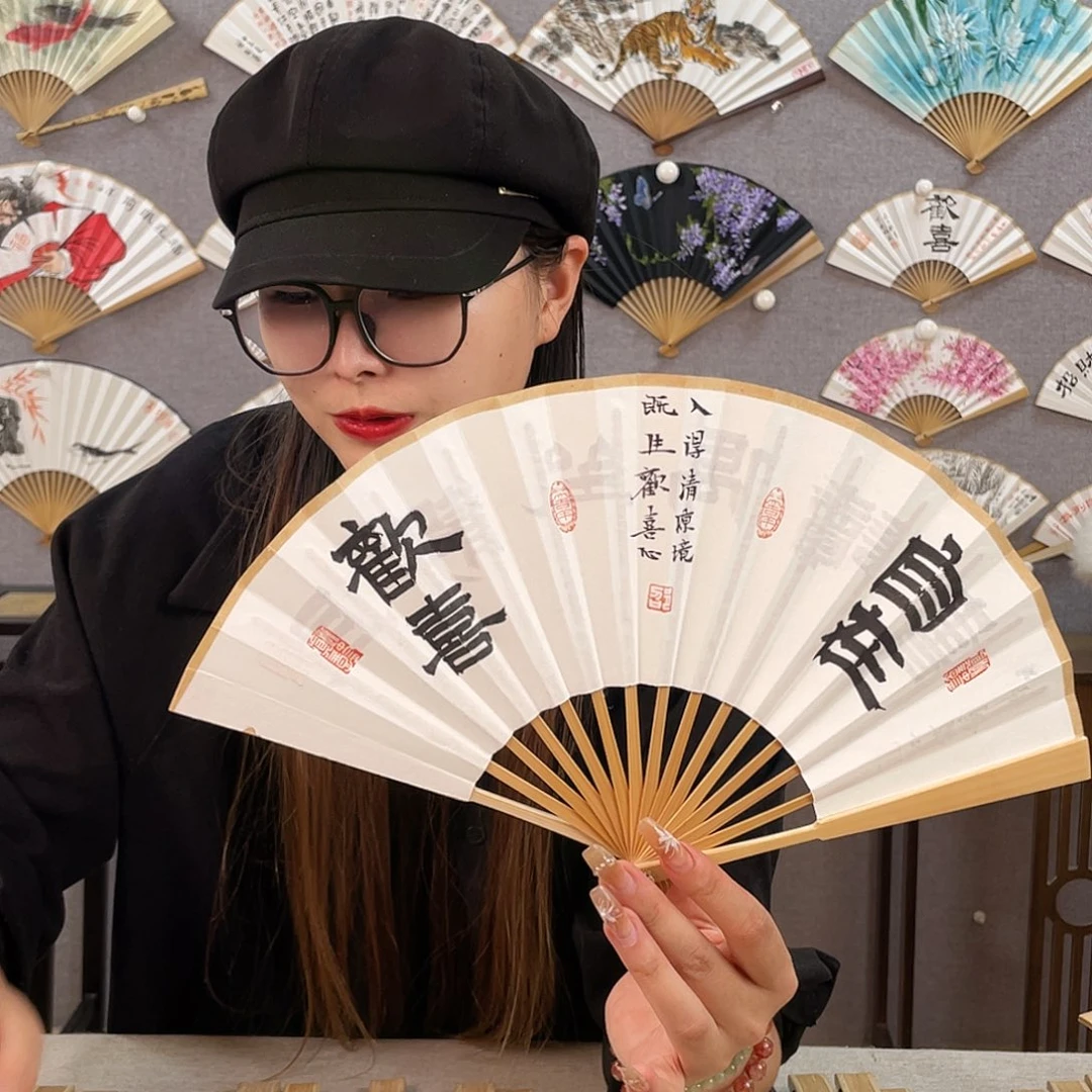国画6寸玉竹-纯手绘-文玩扇骨（默认粘好）