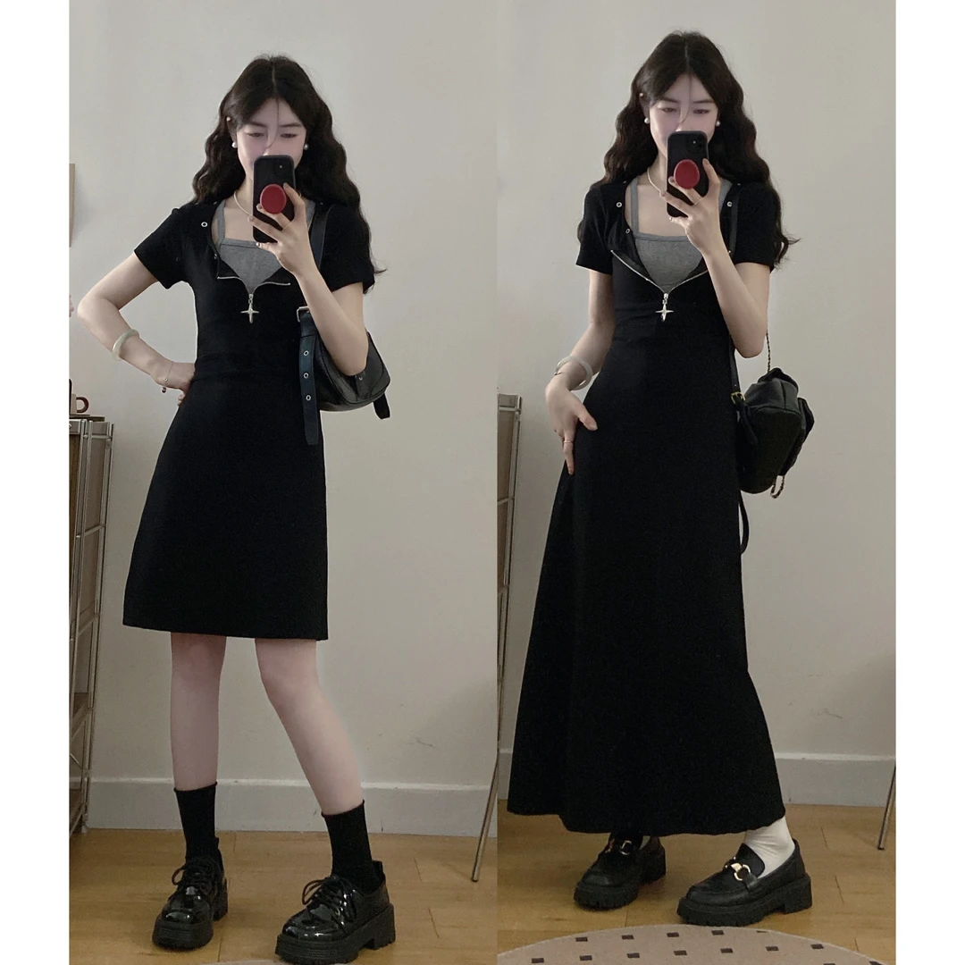 【 暗影潮范】大码微胖妹妹辣妹针织显瘦假两件遮肚子连衣裙