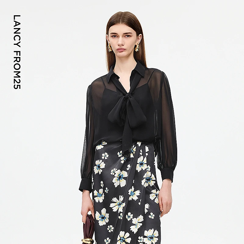 朗姿真丝飘带领长袖上衣女士黑色气质高级感2025年夏季新款衬衫