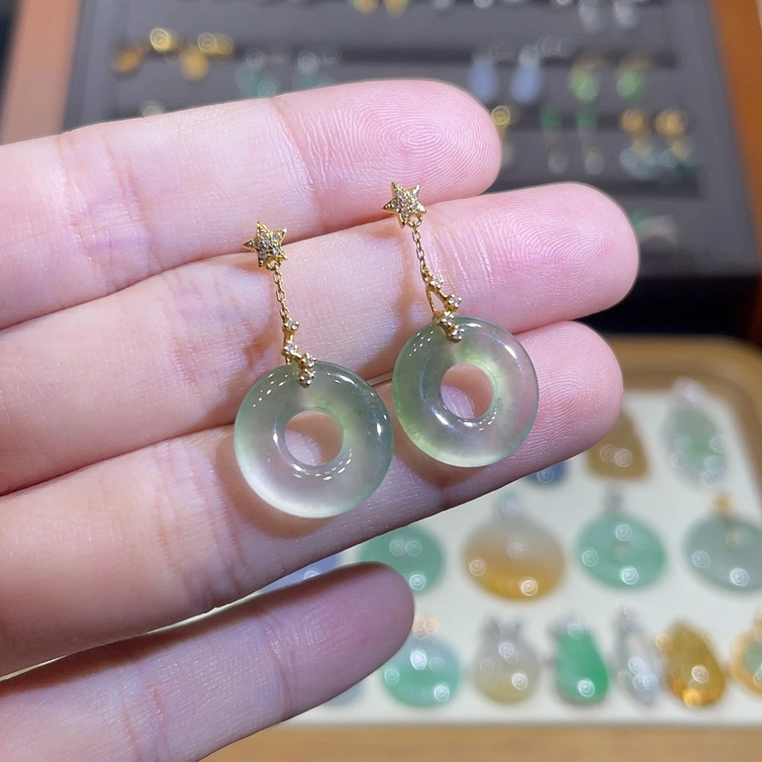翡翠18K金镶嵌耳饰高冰飘绿 甜甜圈