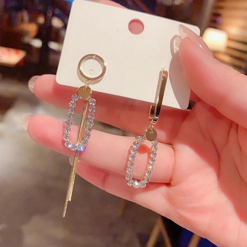 铜合金锆石耳饰 925银针不对称镶流苏耳环韩国时尚气质长款耳坠个