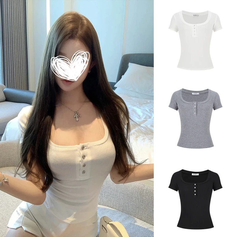 Moses Queen/魔西女王纯欲甜辣妹性感低胸短款t恤女夏季方领上衣