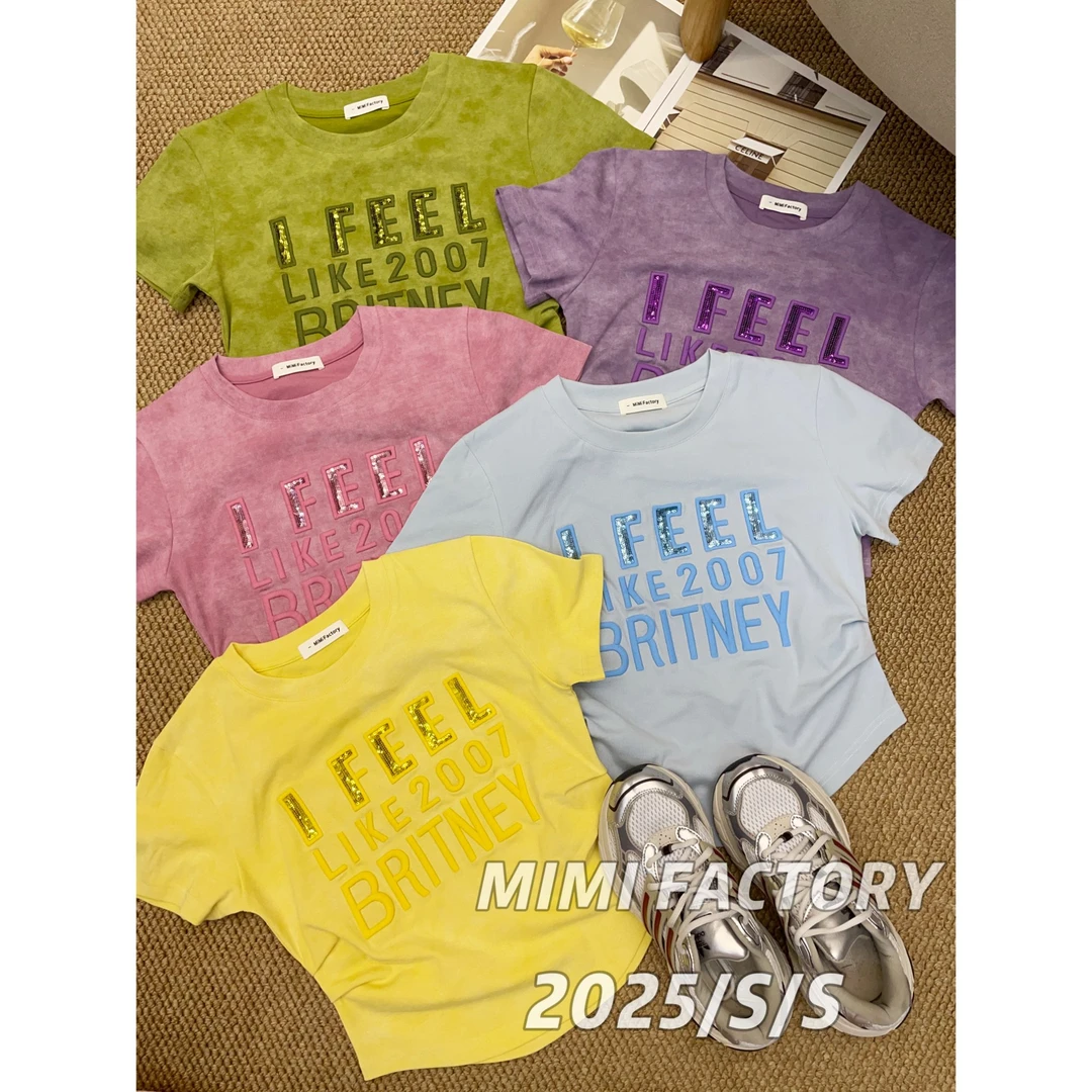 2025新款短袖 字母亮片刺绣短袖T恤女修身显瘦百搭上衣#5291