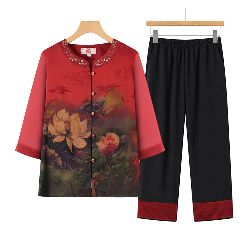 奶奶夏装套装中老年人夏季中袖衬衫女老人太太衣服休闲妈妈装新款