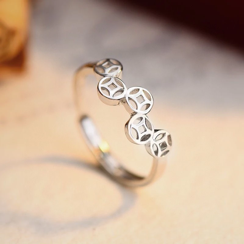 足银戒指 990银戒指招财铜钱开口戒指简约百搭轻奢气质女2025新款