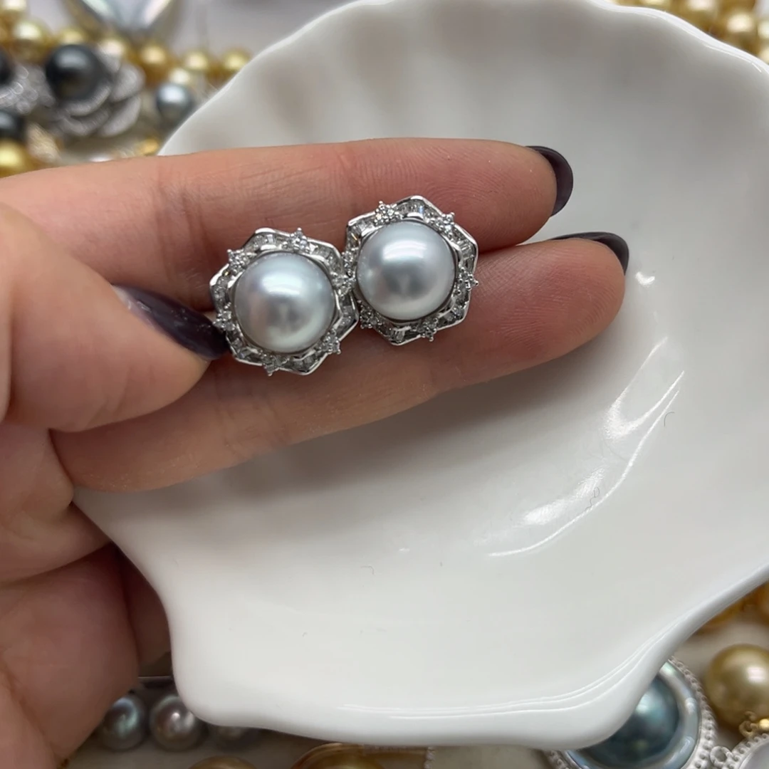 海水珍珠银S925镶嵌耳饰