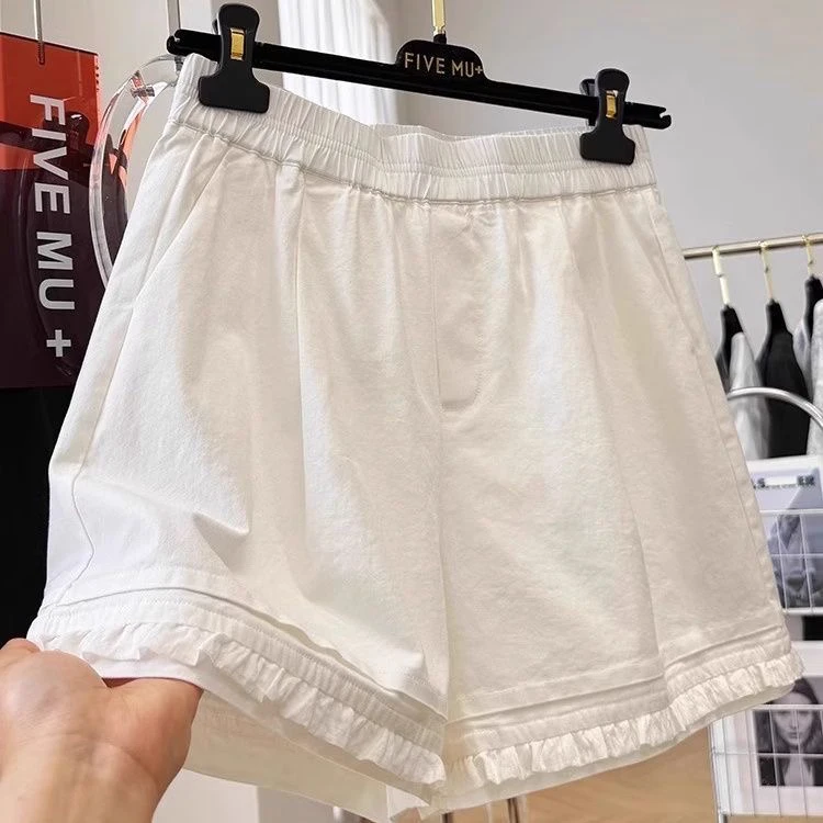 时尚百搭木耳边短裤女2025夏季新款宽松高腰显瘦百搭阔腿裤子爆