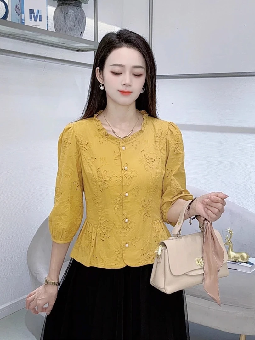 法式休闲风蕾丝常规衬衫上衣圆领百搭垂坠系带短袖衬衫