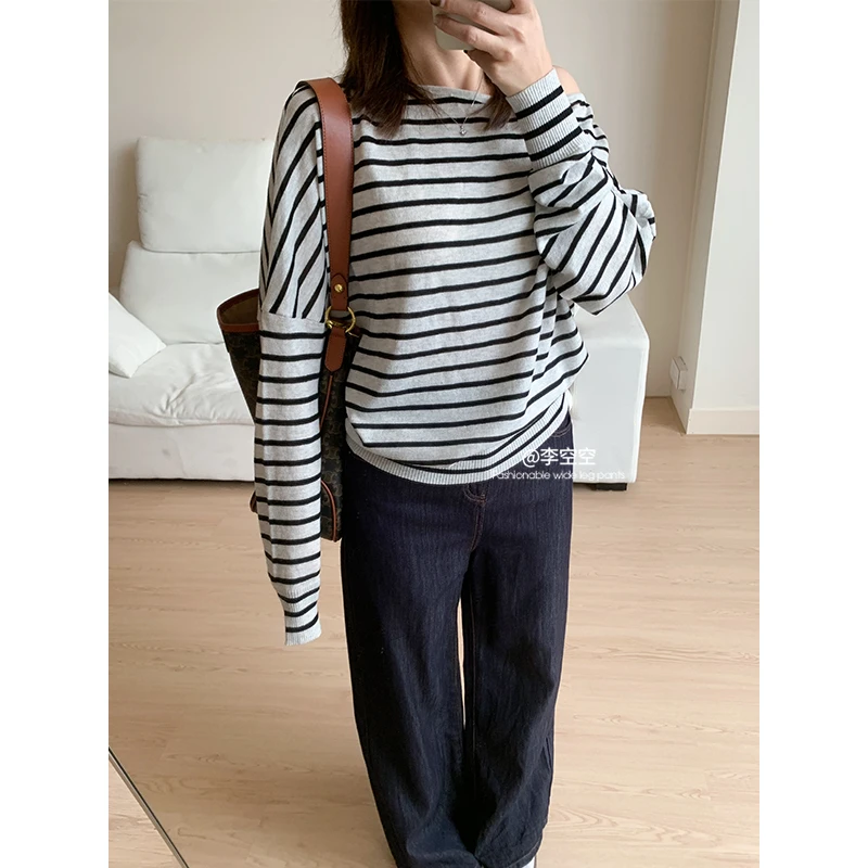 李空空【条纹频率】韩版百搭条纹长袖斜肩T恤宽松显瘦露肩上衣女