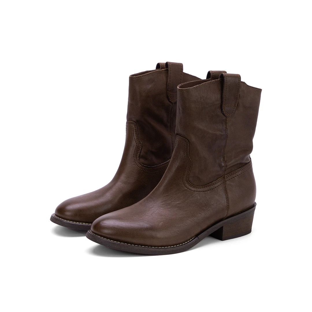 马皮英伦短靴女鞋时装复古牛仔靴圆头时装靴25DPY2599057