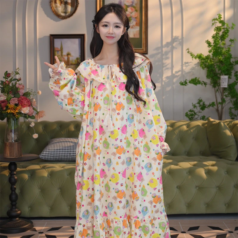 春秋新款大码纯棉睡衣女士娃娃领家居服甜美长袖连体裙印花休闲裙
