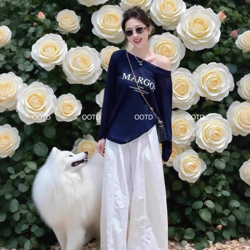 夏日巨好看的两件套大码胖mm斜肩印花长袖t恤休闲阔腿裤减龄套装