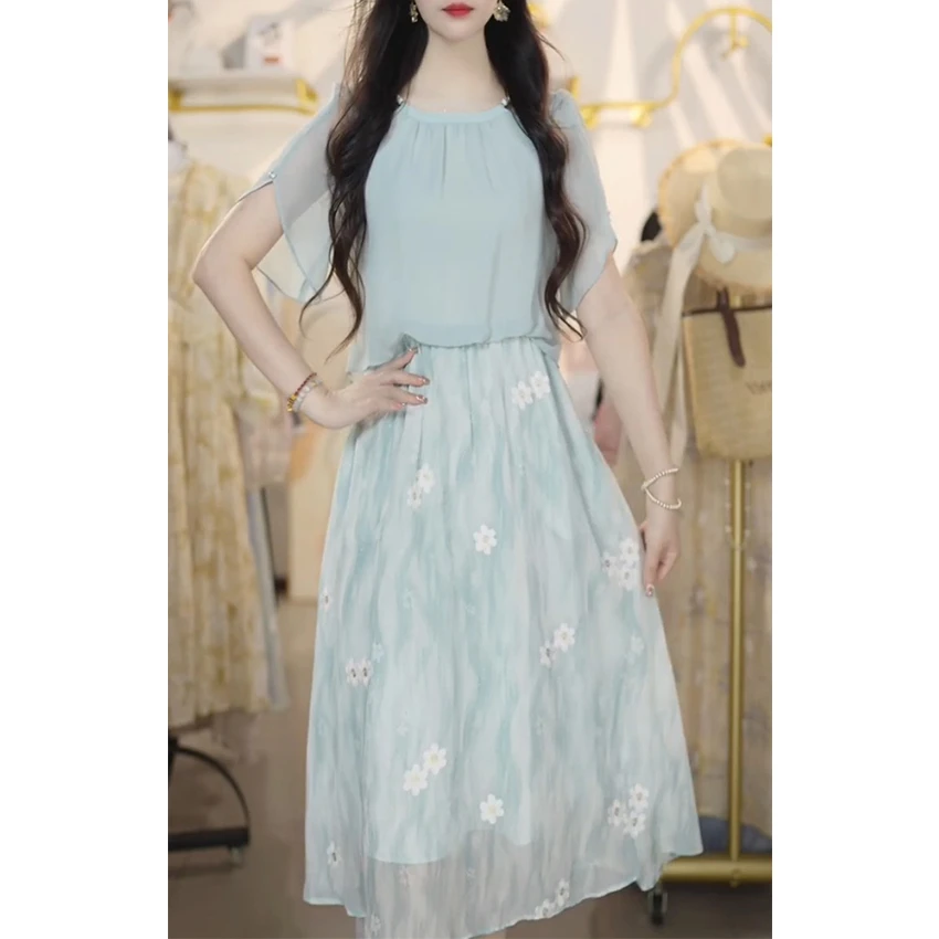 L5307百搭拼接显瘦连衣裙2025夏季新款短袖收腰减龄休闲宽松裙子