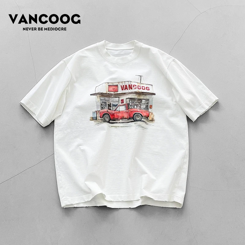 VANCOOG25美潮纯棉350克宽松破洞复古汽车印花大码圆领短袖T恤男