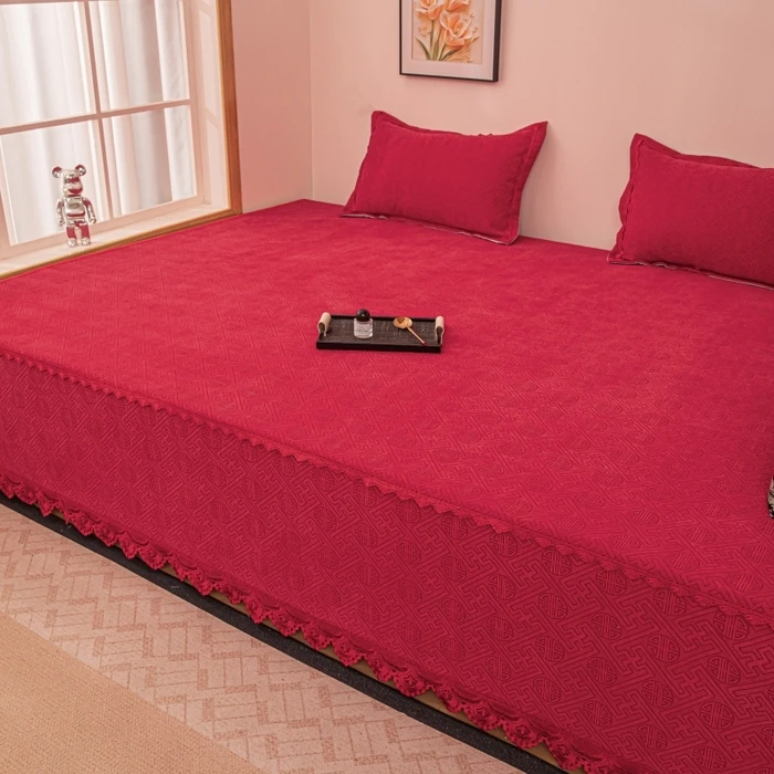 新款雪尼尔红色榻榻米床盖结婚炕盖床单喜庆婚庆大尺寸四季通用