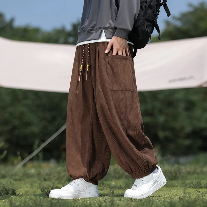 灯芯绒裤子男秋冬季新款宽松阔腿休闲长裤潮流大码运动哈伦灯笼裤
