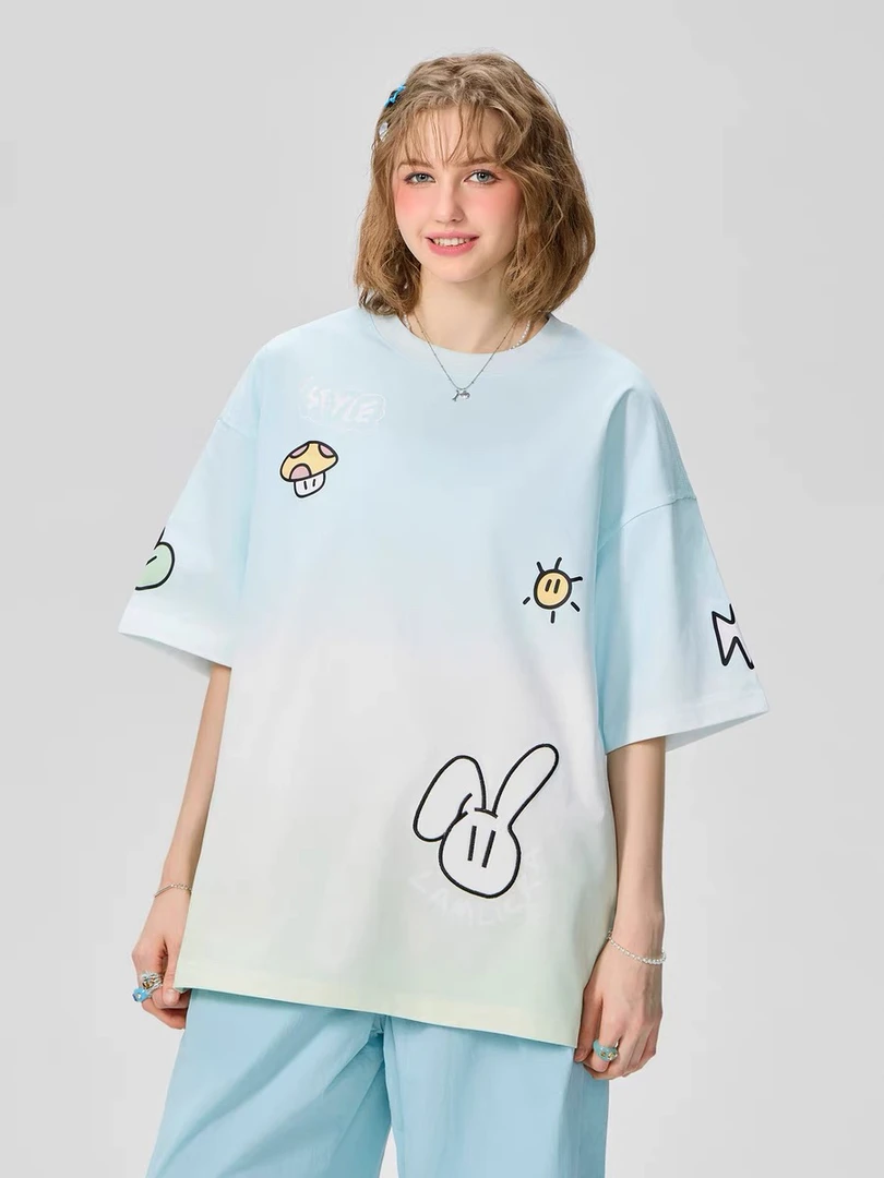 LAMLICKA渐变印花短袖男女同款夏季重磅休闲美式潮牌宽松纯棉t恤