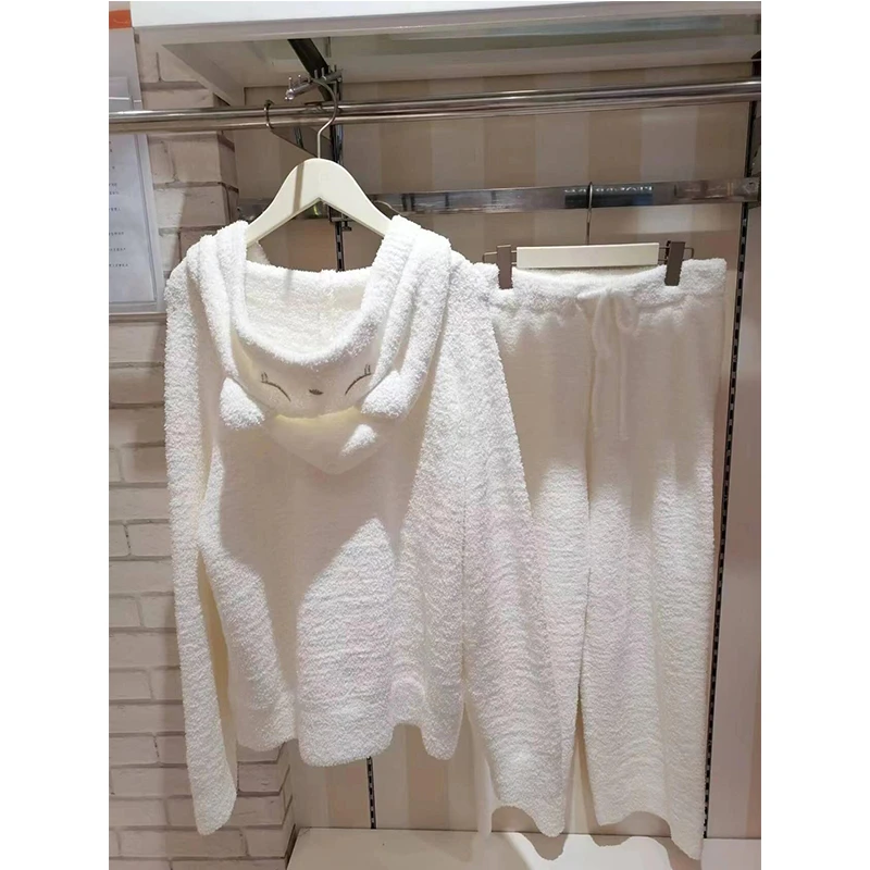 可爱卡通连帽半边绒睡衣女加厚冬季新款毛绒绒针织家居服大码套装