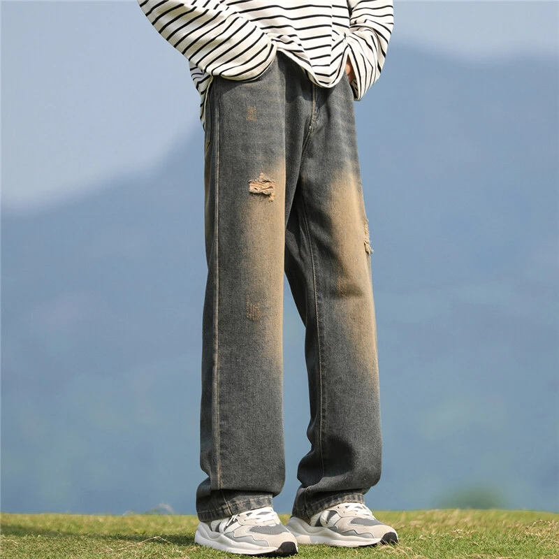 休闲时尚宽松半松紧破洞牛仔裤男士夏季潮流设计款直筒美式休闲