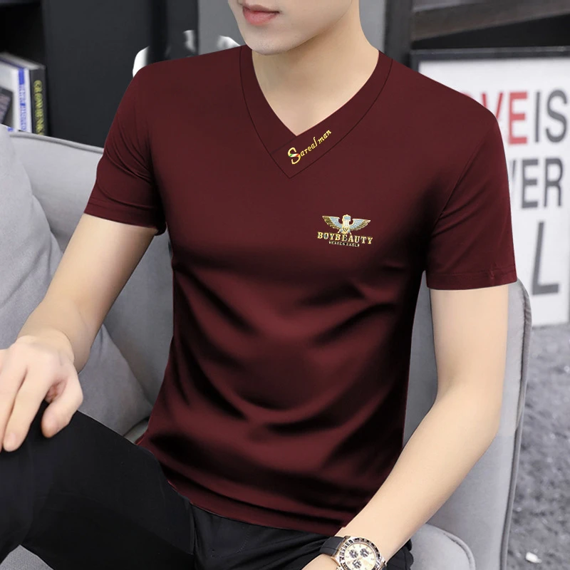 红色本命年夏季新款莫代尔男士v领短袖t恤冰丝潮流上衣百搭体恤衫
