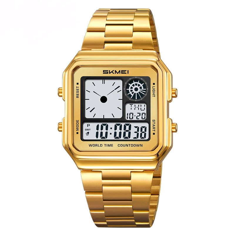 双显方形钢带手表男表正品户外运动日历夜光闹钟时尚潮学生电子表