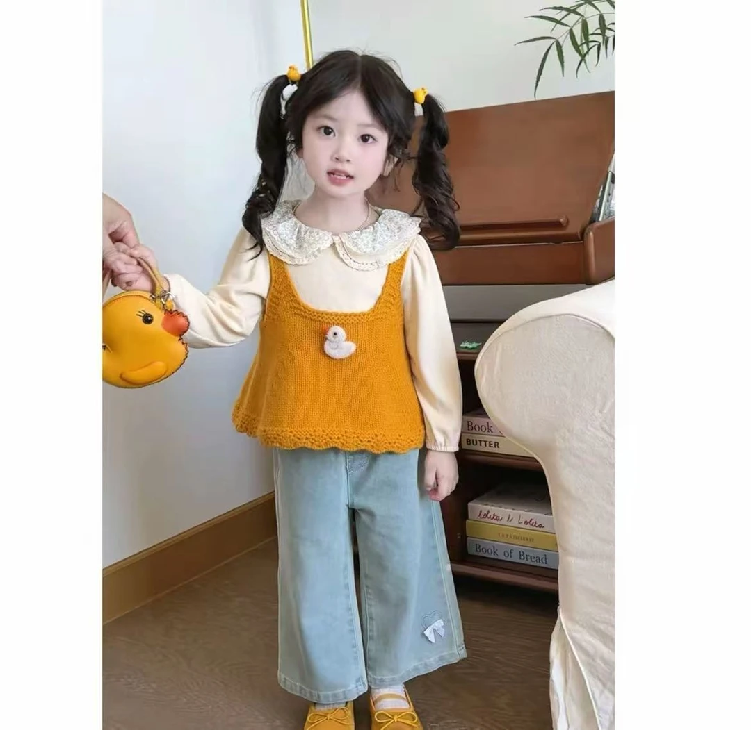 女童套装2025秋季新款儿童洋气时髦橘色吊带娃娃领衬衫牛仔裤套装
