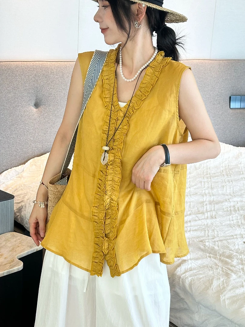 韩版设计感V领木耳边无袖衬衫女2025夏季新款宽松显瘦百搭上衣潮