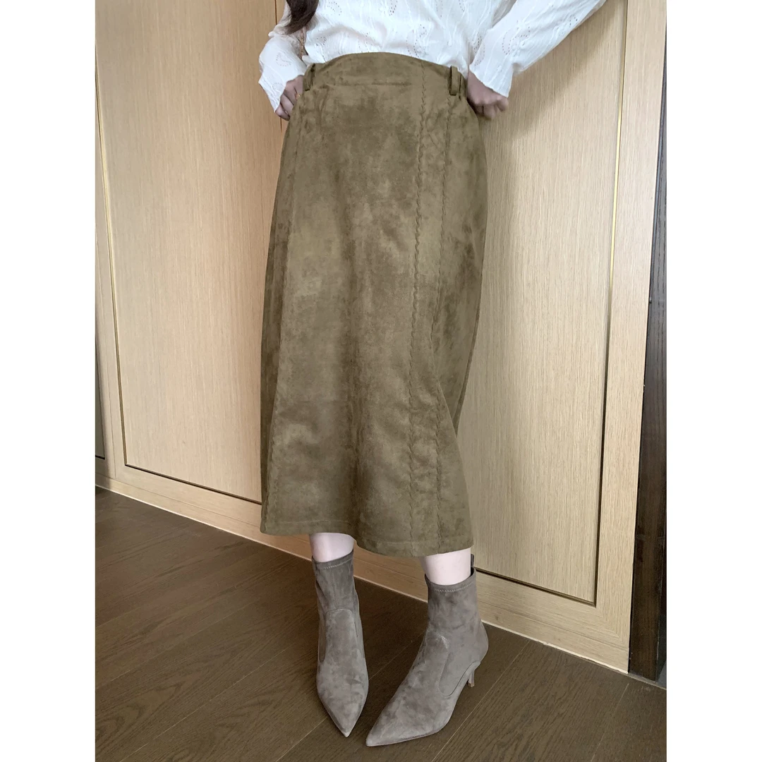 脚趾筋冬日青橄榄  柔滑麂/皮波浪边半身裙微胖MM大码