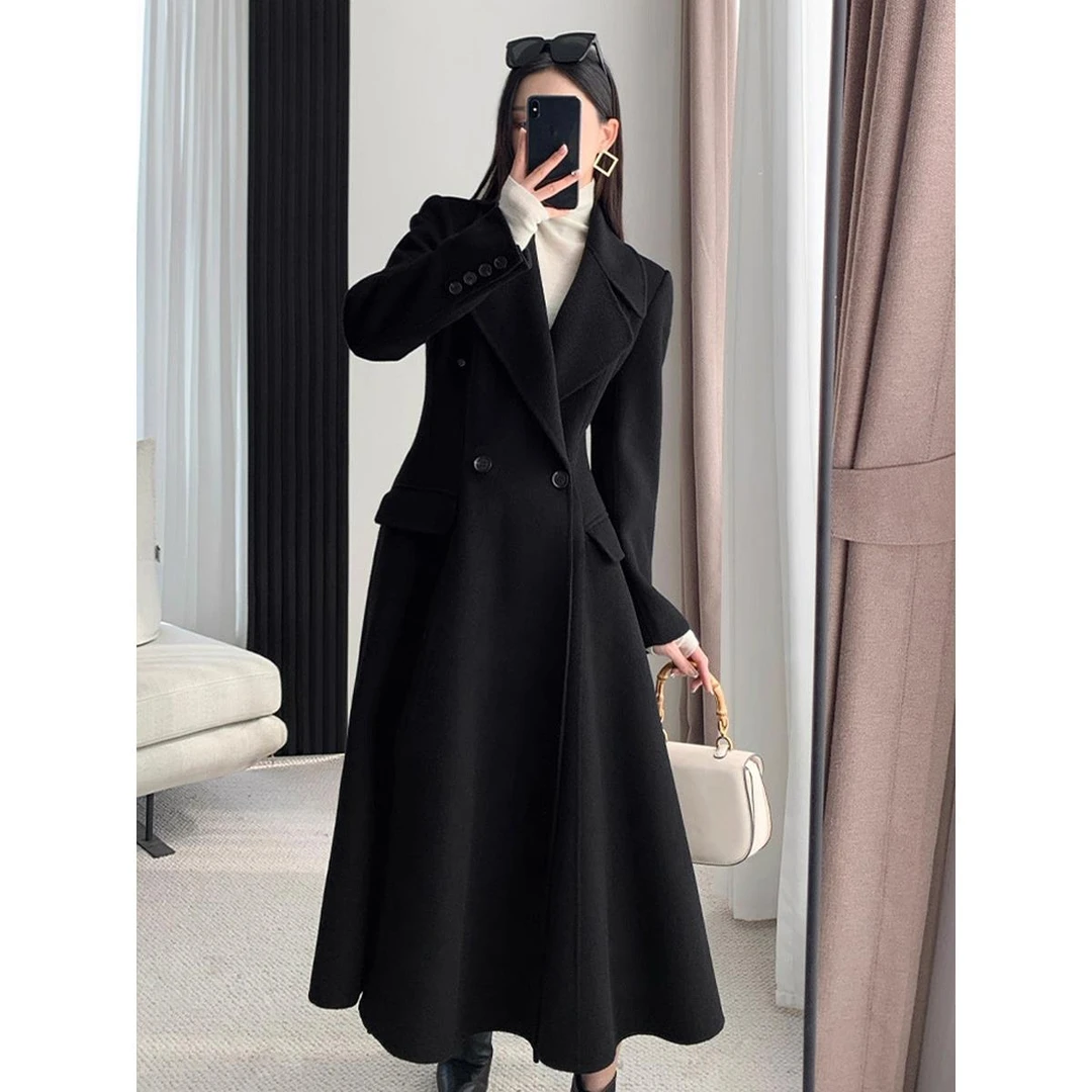大码长款收腰毛呢外套女秋冬高级感赫本风显瘦胖mm呢子大衣200斤