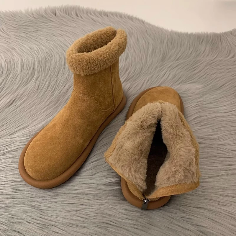 三福复古冬季时尚加绒保暖雪地靴女款防水大棉鞋丑萌毛毛短靴女