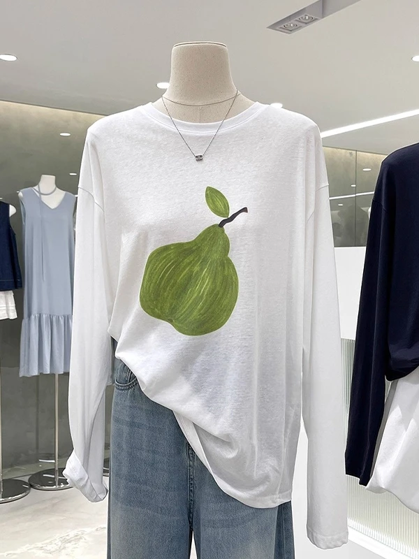 慵懒雪梨印花薄款防晒长袖T恤罩衫2025夏季新款宽松透感圆领上衣