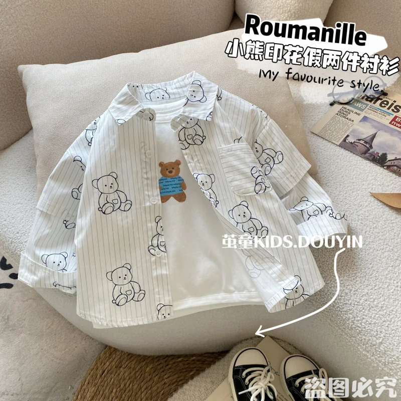【麦麦妈】C228春季中小童小熊印花假两件衬衫春季新品男女宝宝长袖